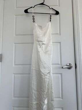 Zara Ivory Satin Maxi Slip Dress with Chain-Link Straps